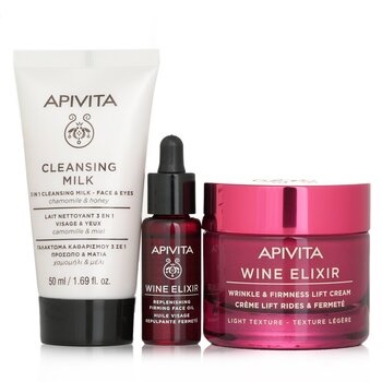 Apivita Di-Vine Beauty (Wine Elixir- Light Texture) Gift Set: Wrinkle Lift Cream 50ml+ Face Oil 10ml+ Cleansing Milk 50ml+Pouch(Exp. Date: 4/2024)